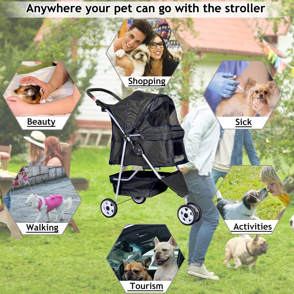 Lightweight Foldable 3-Wheel Pet Stroller for Small to Medium Dogs and Cats, Featuring Breathable Mesh, Weather Cover, and Storage Basket for Outdoor Travel (Black)