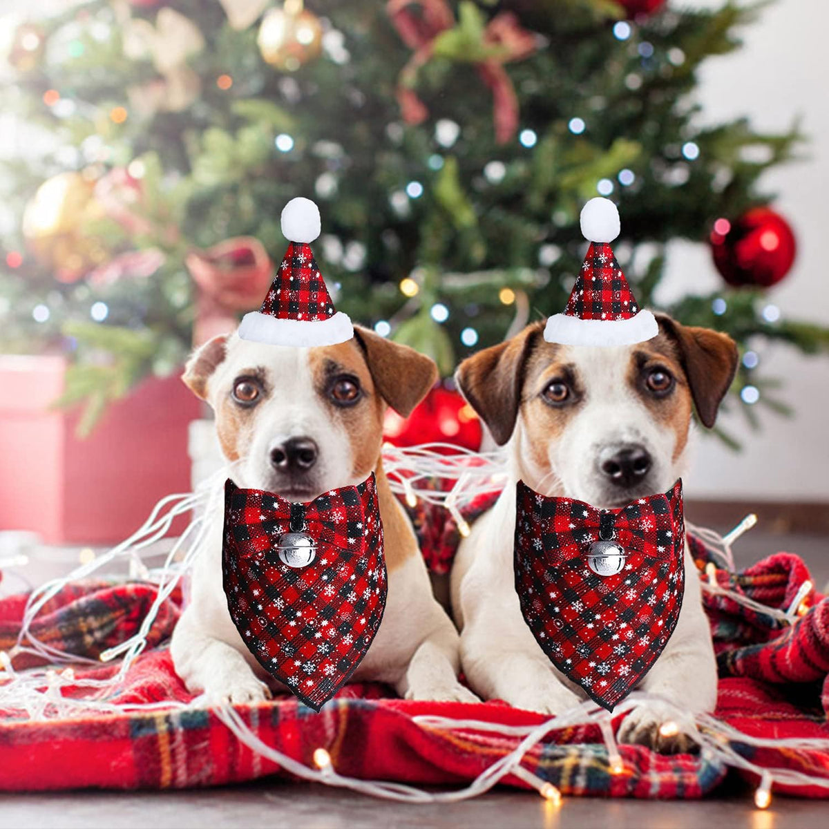 Christmas Snowflake Dog Bandana Costume Set: Classic Plaid Scarf, Bow Tie, and Hat with Bell Decoration for Pets