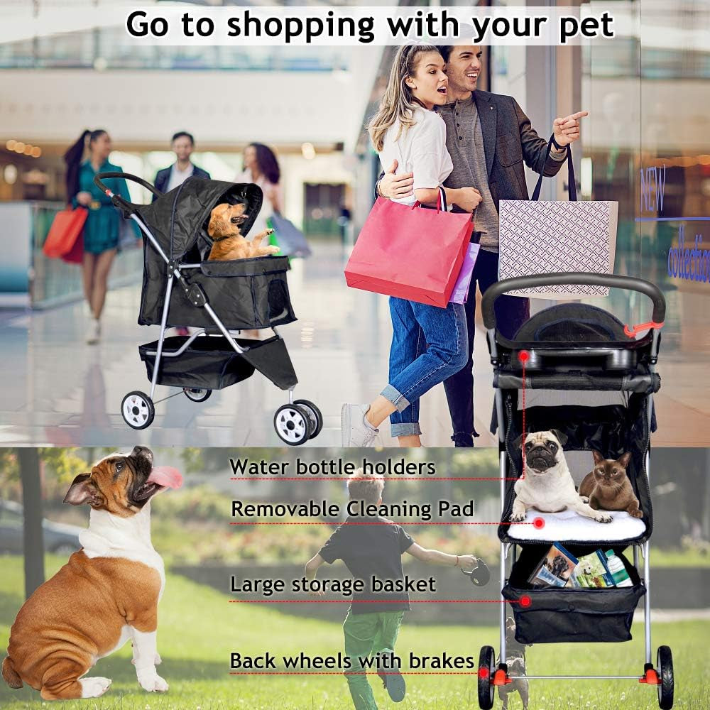 Lightweight Foldable 3-Wheel Pet Stroller for Small to Medium Dogs and Cats, Featuring Breathable Mesh, Weather Cover, and Storage Basket for Outdoor Travel (Black)