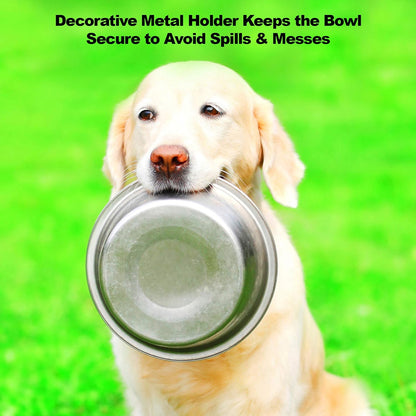 Set of 2 Stainless Steel Dog Bowls with Decorative Stand - 40 Oz Metal Food and Water Dishes for Large Pets - Essential Puppy Accessories (Silver/Black)