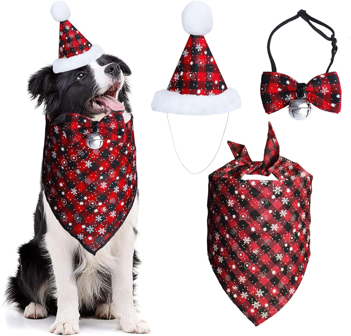 Christmas Snowflake Dog Bandana Costume Set: Classic Plaid Scarf, Bow Tie, and Hat with Bell Decoration for Pets