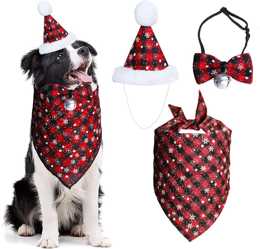 Christmas Snowflake Dog Bandana Costume Set: Classic Plaid Scarf, Bow Tie, and Hat with Bell Decoration for Pets