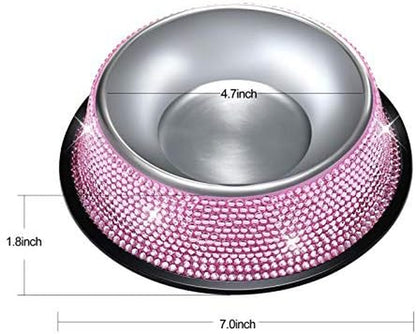 Handmade Pink Rhinestone Dog Bowls, 640ML Stainless Steel Double Feeder Set for Cats and Dogs - Set of 2
