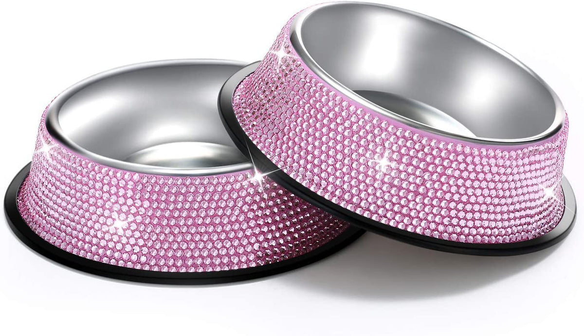 Handmade Pink Rhinestone Dog Bowls, 640ML Stainless Steel Double Feeder Set for Cats and Dogs - Set of 2