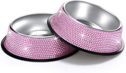 Handmade Pink Rhinestone Dog Bowls, 640ML Stainless Steel Double Feeder Set for Cats and Dogs - Set of 2