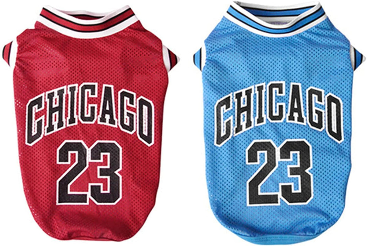 Dog Basketball Jersey - Stylish Cotton T-Shirt for Large, Medium, and Small Dogs (Chihuahua, Yorkies) - Blue and Red, Size Large (Back: 13.78 in, Chest: 18.9 in)