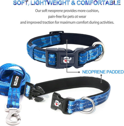Reflective Dog Collar and Leash Set with AirTag Holder - Blue Camo Padded Collar and Matching Clip Handle Leash for Small Dogs