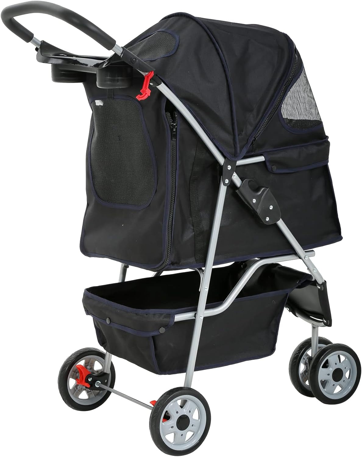Lightweight Foldable 3-Wheel Pet Stroller for Small to Medium Dogs and Cats, Featuring Breathable Mesh, Weather Cover, and Storage Basket for Outdoor Travel (Black)