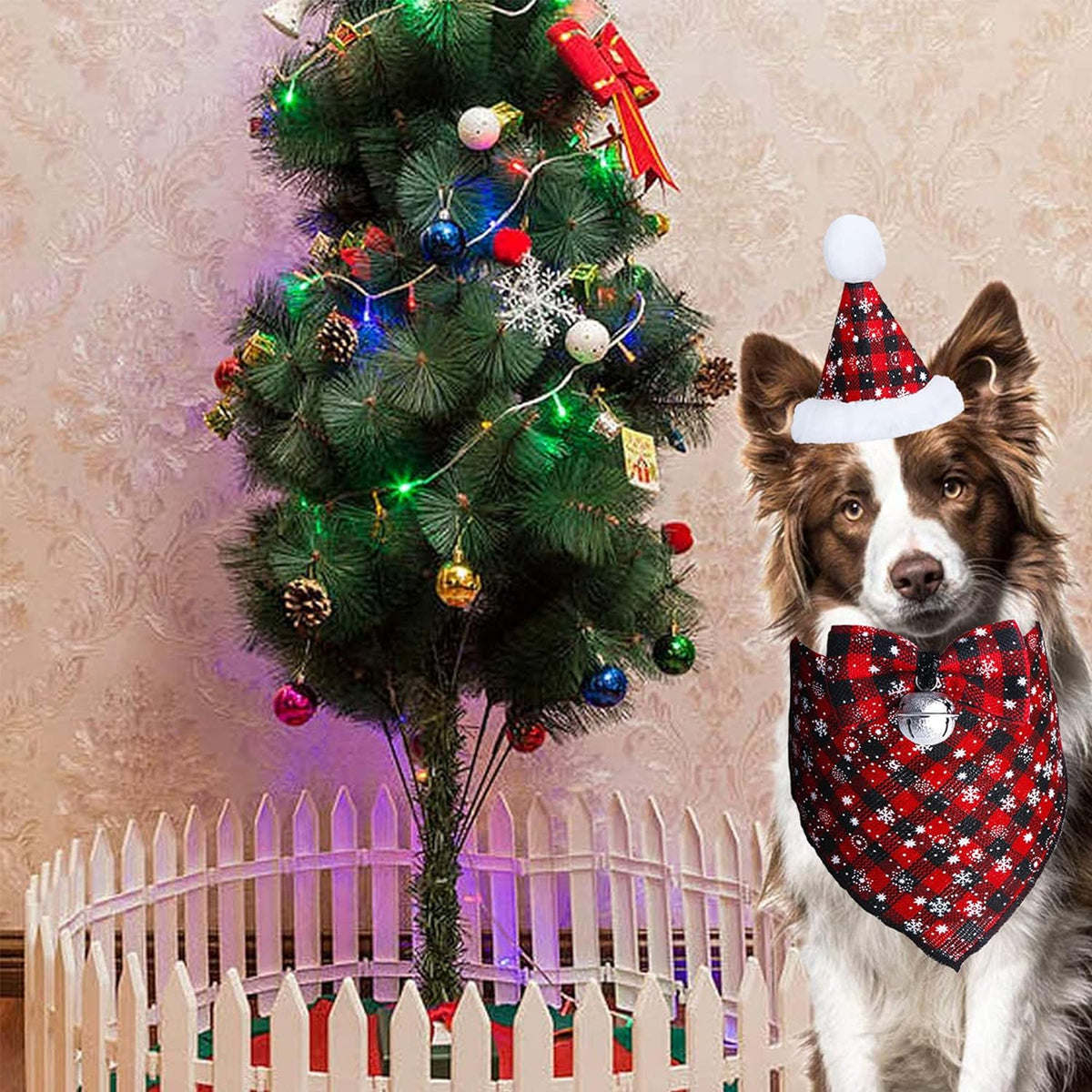 Christmas Snowflake Dog Bandana Costume Set: Classic Plaid Scarf, Bow Tie, and Hat with Bell Decoration for Pets