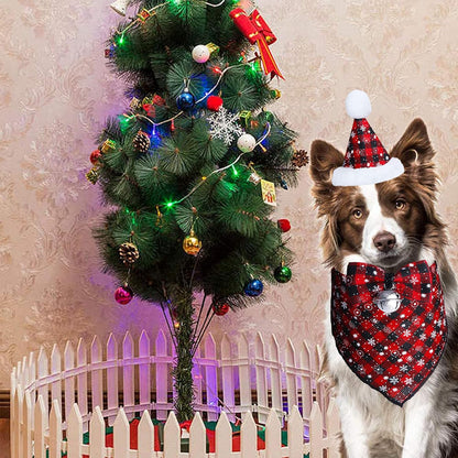 Christmas Snowflake Dog Bandana Costume Set: Classic Plaid Scarf, Bow Tie, and Hat with Bell Decoration for Pets
