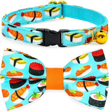 Sushi-Themed Cat Collar and Bow Tie Set with Breakaway Safety Feature, Ideal for Weddings and Birthdays