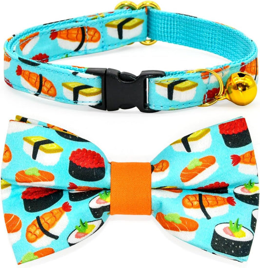 Sushi-Themed Cat Collar and Bow Tie Set with Breakaway Safety Feature, Ideal for Weddings and Birthdays