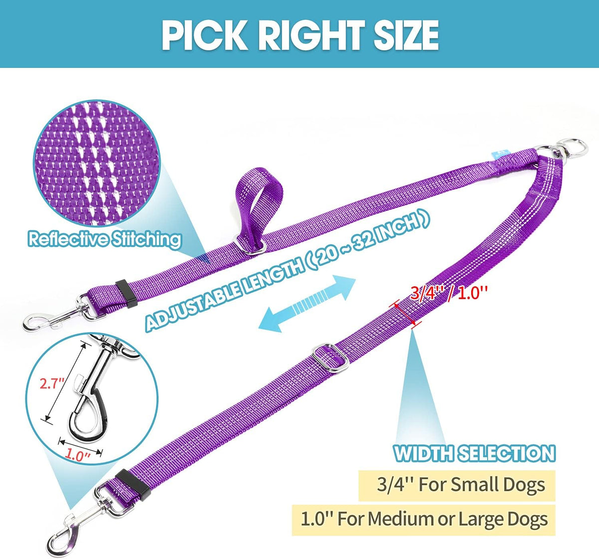 Double Dog Leash Splitter, Tangle Free Dual Dog Leash Coupler, Two Dog Walking and Training Extension for Small Medium or Large Dogs (1.0'' X 20~32 Inch, Purple)