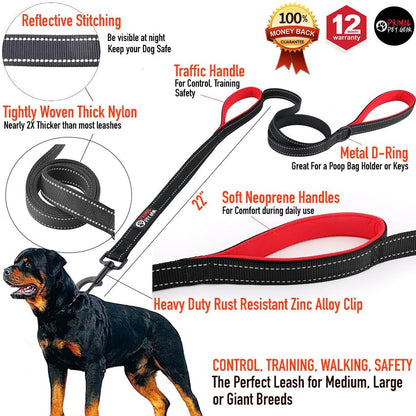 6Ft Heavy Duty Dog Leash with Padded Traffic Handles, Reflective Dual Handles for Enhanced Control and Safety Training, Suitable for Large and Medium Dogs (Black)