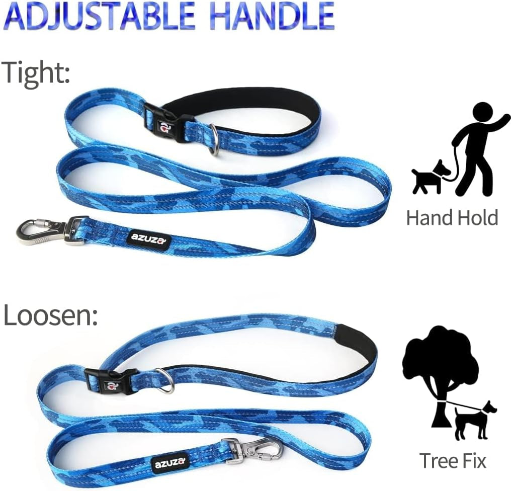 Reflective Dog Collar and Leash Set with AirTag Holder - Blue Camo Padded Collar and Matching Clip Handle Leash for Small Dogs