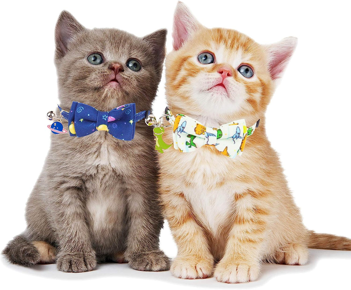 Dinosaur-Themed Breakaway Cat Collars with Bow Tie and Bell, Set of 2